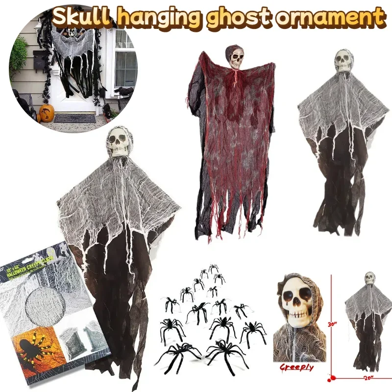 

Halloween Decor Hanging Skull Blood Stained Horror Skull Head Decoration Prop Blood Red Gauze Scene Courtyard Decor