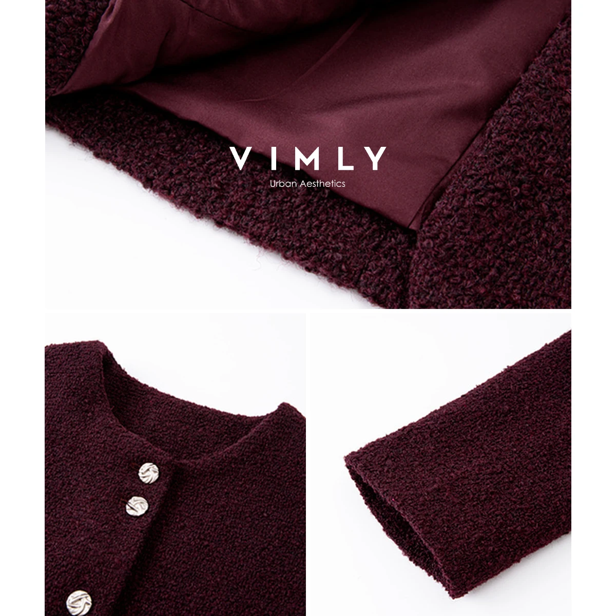 VIMLY Women's Purple Tweed Woolen Coats Round Neck Small Fragrance Full Sleeve Short Jacket Office Wear Button Woman Tops A2638
