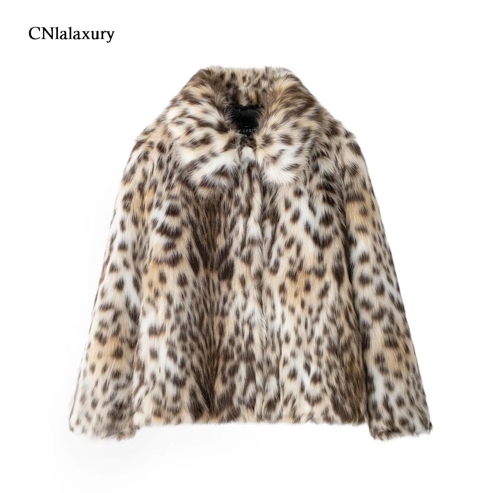 CNlalaxury Women Furry Leopard Long Sleeve Faux Fur Coat Winter Female Short Synthetic Fur Jacket Outerwears Clothes