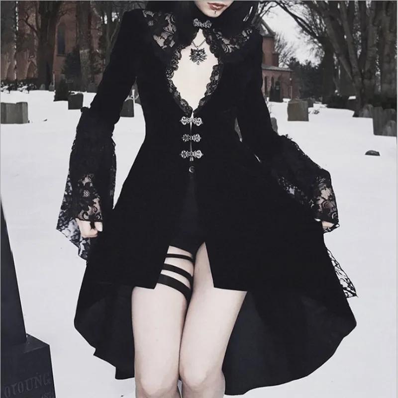 European and American Dark Style Sexy Palace Style Ceremonial Dress Vintage Lace Patchwork Hollowed Out Lantern Sleeve Dress