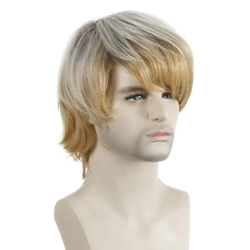 

Men's Wig Light Golden Synthetic Wig Short Men's Curly Hair Wigs+Wig Cap