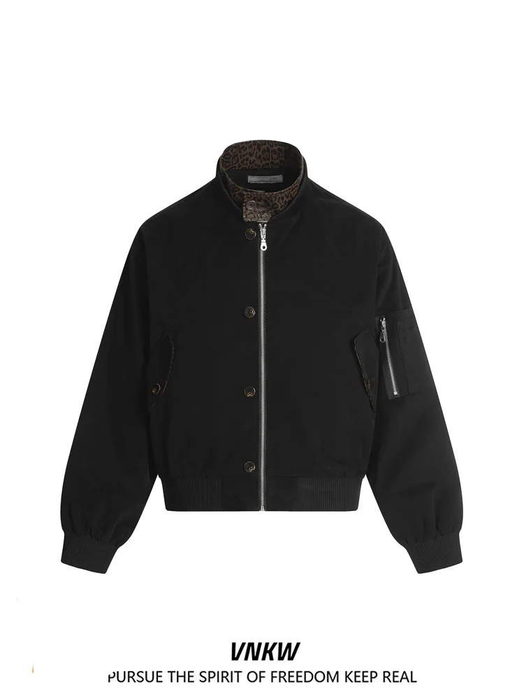 

Loose Fit Leopard Print Patchwork Jaet Stand Collar ex American Retro CleanFit Workwear ort Outerwear Trendy