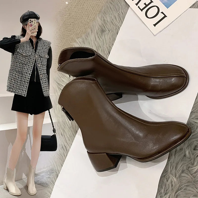 

2023 Autumn/Winter round head middle heel back zipper women's boots Chelsea boots new thick heel Martin boots