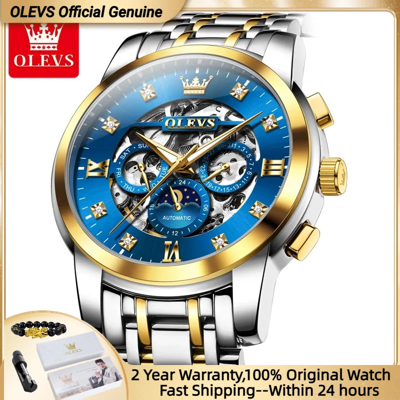 

OLEVS 6721, оригинальные мужские часы, высококачественные водонепроницаемые механические наручные часы с полым календарем из нержавеющей стали, мужские новые часы