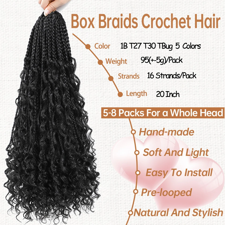 20 Inch Bohomian Synthetic Box Braids Crochet Hair Boho Braids Crochet Box Braids Hair Extension Braiding Hair With Curly Ends