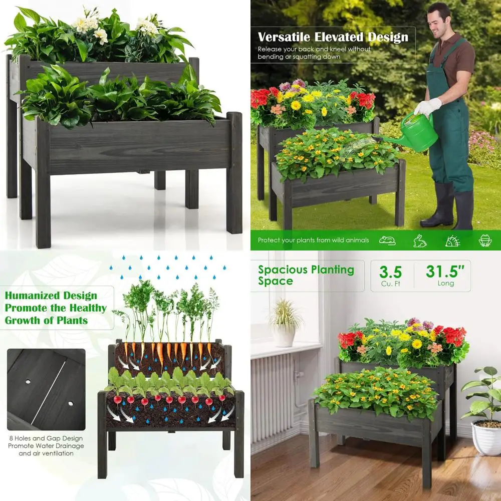 

2-уровневая приподнятая садовая кашпо из елового дерева с ножками, 8 дренажных отверстий, емкость 220 литров для роста растений