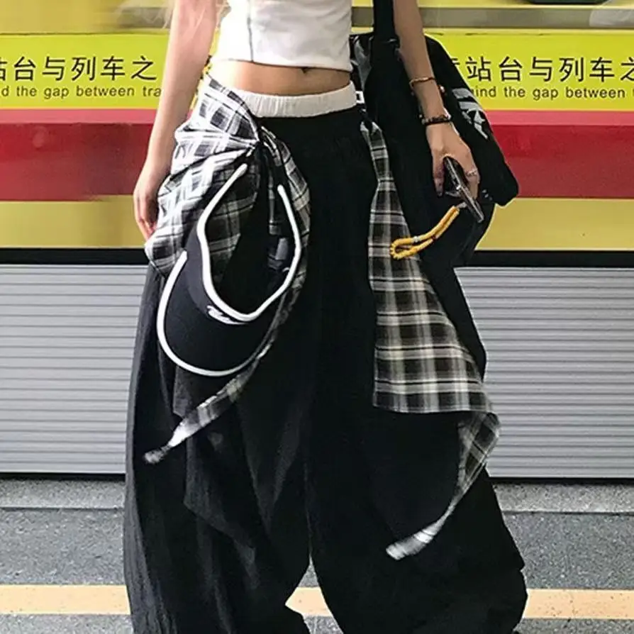 Y2K الأمريكية الأسود الرجعية الهيب هوب تقسم منقوشة حزام الساخن فتاة فضفاضة عادية عالية الخصر المرأة واسعة الساق التجفيف السريع Sweatpants