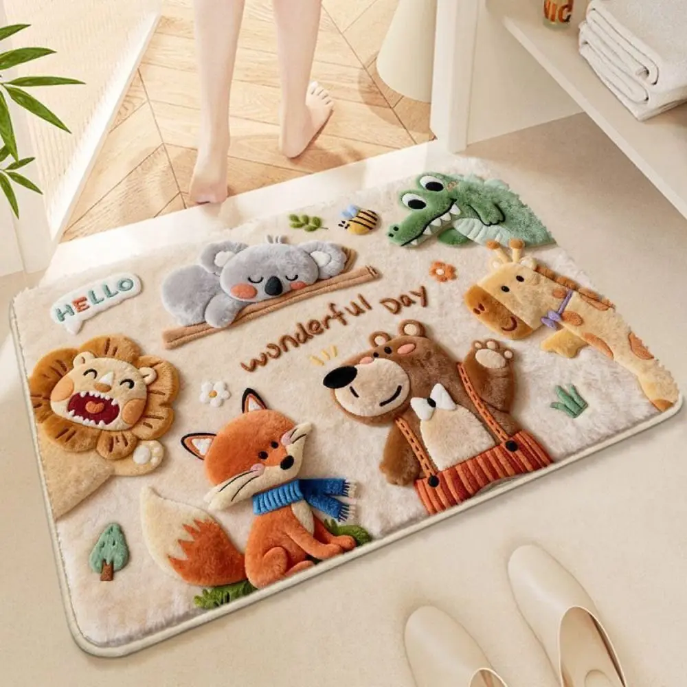 Faux Cashmere Cartoon Bath Mat Non-Slip Backing Reinforced Edging Floor Mat Machine Washable Thickened Small Rug