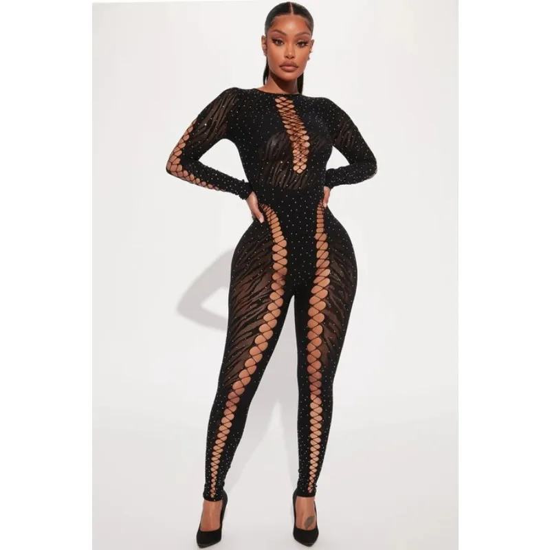 Sexy Mesh Women Skinny Jumpsuits Hollow Out Long Sleeve Solid Rompers 2024 Summer Outfits Night Club Party One Piece Overalls