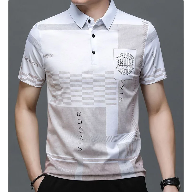 Summer Business Office Casual Short Sleeve Polo-Neck T-shirt 2023 Fashion Male Clothes Korean Trend Printed Spliced Men\'s Tops