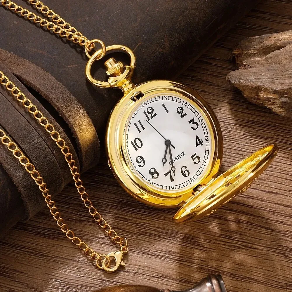 Clamshell Compass Pocket Watch Fashion Punk Glass Clock Chain Alloy Gold Case Necklace Pendant