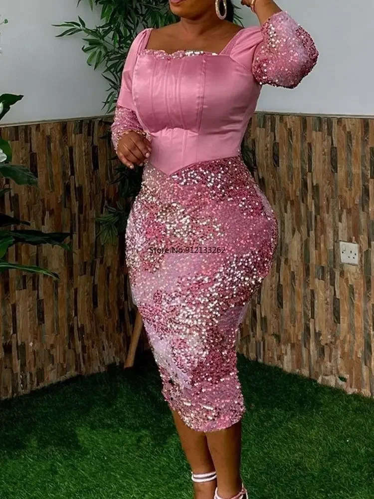 

Customized African Wedding Evening Dress Autumn African Women Long Sleeve Pink Sequined Knee-length Dress African Dresses for Wo