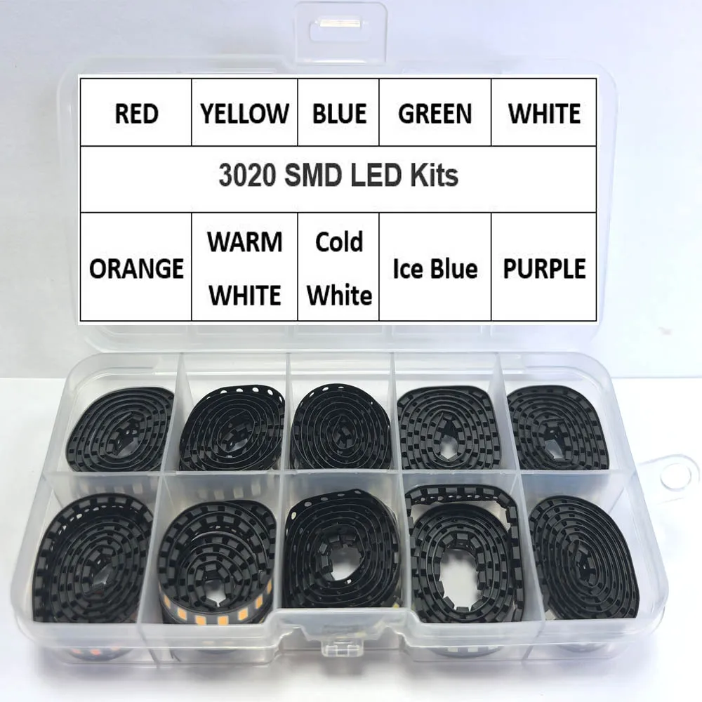 10Colors*100PC 3020 SMD LED Chip High Brightness Red Blue Green Yellow Warm Cool White Orange ICE Purple KIT BOX