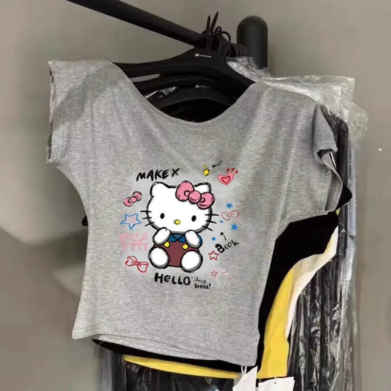Hello Kitty Short-Sleeved Summer Cartoon Print 2026 Slim Tops One-Shoulder Women's Inclined Collar Versatile Round Neck T-Shirt
