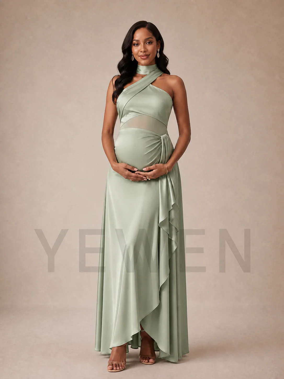 Sage Green Satin Maternity Baby Shower Dress Criss Cross Halter Neck ZX005