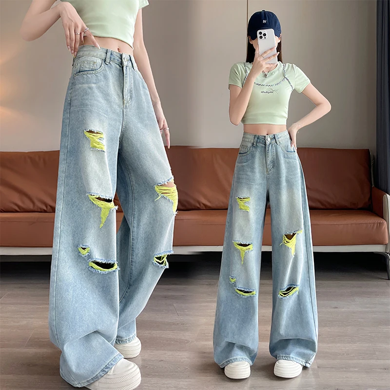 

Contrast color ripped wide-leg jeans for women 2025 new summer thin draped loose personality high-level straight pants