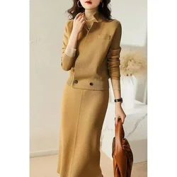 High Quality Autumn Wear With Complete Set 2024 New Fashion Lady Jacket Skirt Winter Knit Two-Piece Set Sweater+Pant Suits Navy