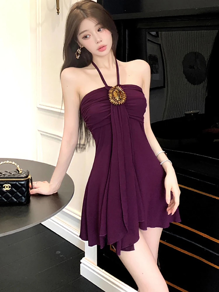 

2025 Purple Pleated Bodycon Neck-mounted Sexy Club Dress Summer Elegant Casual Short Dress Women Korean Fashion Luxury Vestidos