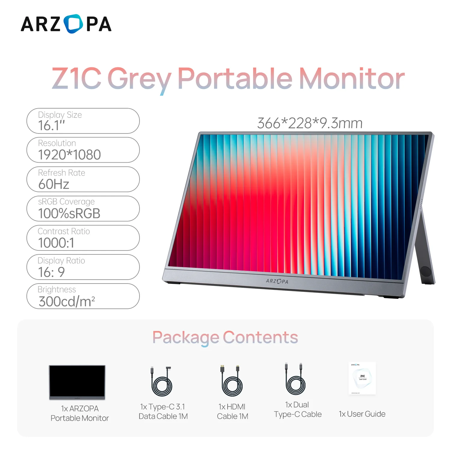 ARZOPA 16,1 inch 1920×1080 draagbare monitor HDR10 60HZ 100% sRGB extern tweede scherm voor laptop, pc, PS5, Mac, Xbox-Z1C grijs