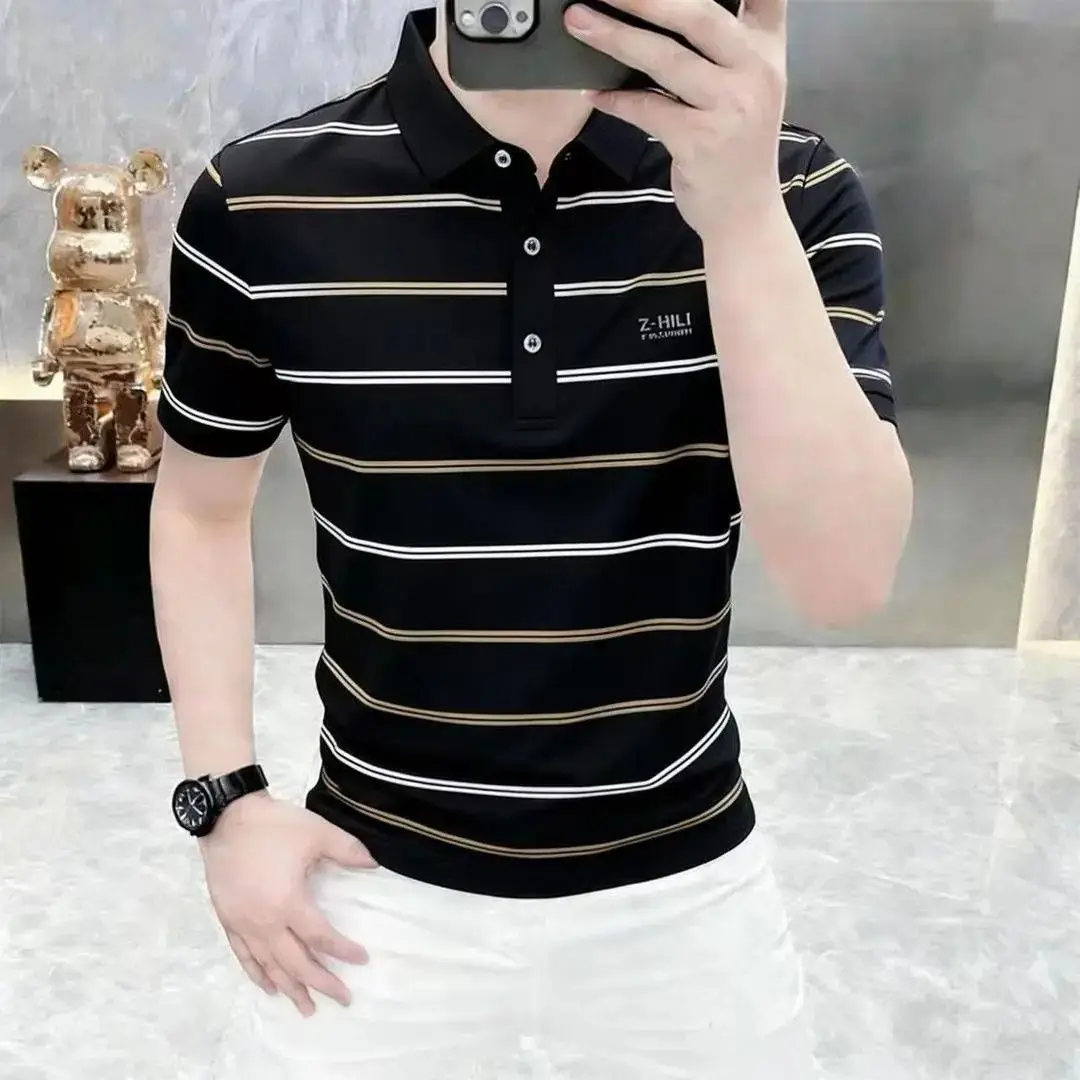 

Мужская летняя футболка-поло премиум-класса в полоску с отложным воротником, тонкая, стандартного кроя, качественная, Cleanfit