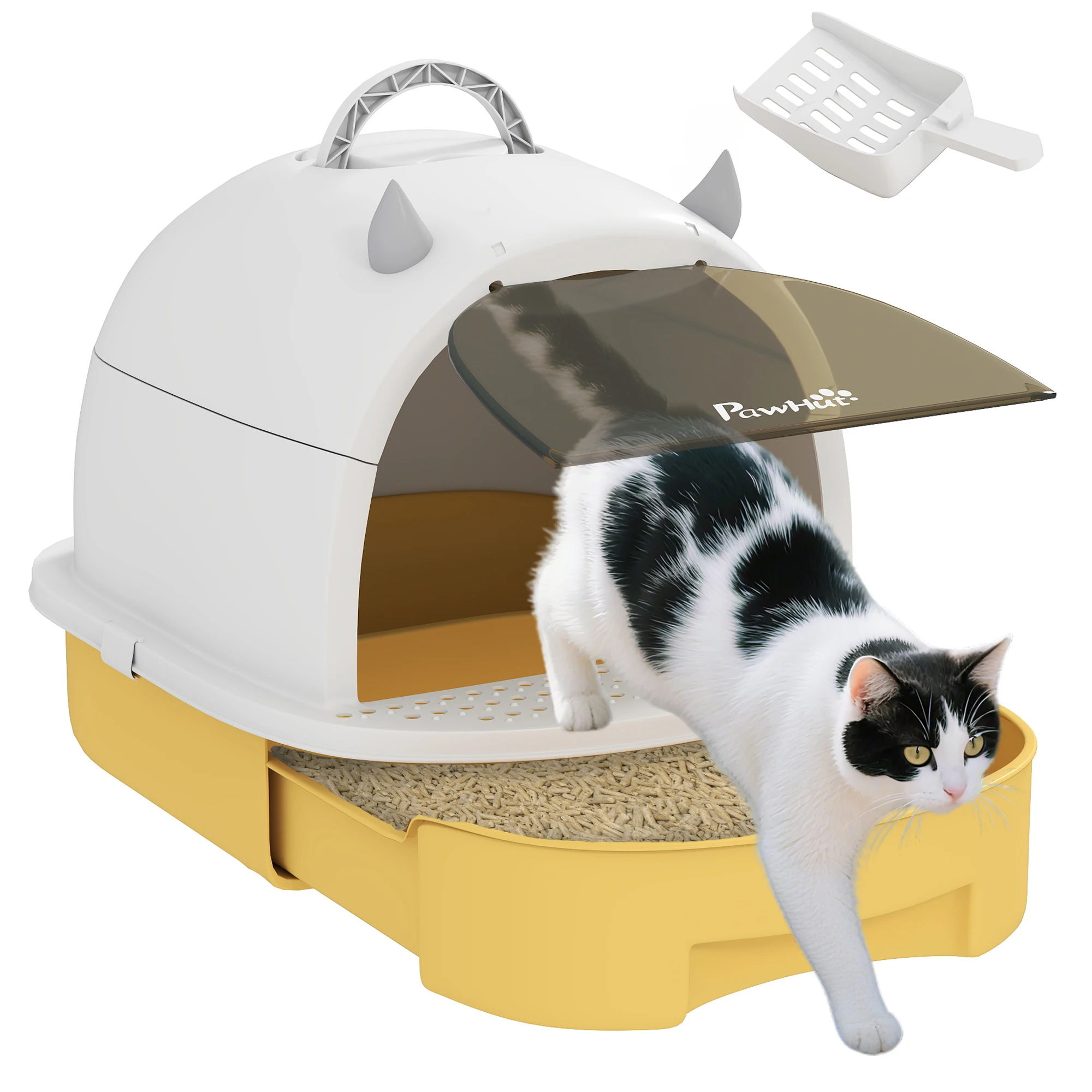 Arenero Cerrado para Gatos con Bandeja Extraíble Filtro de Carbono Pala y Asa Superior 40,5x52x39 cm Amarillo y Blanco