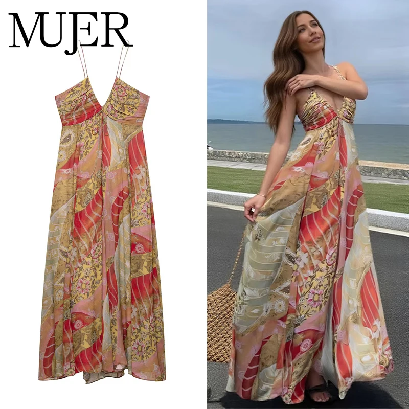 MUJER Stampa Abito longuette increspato Donna Abiti da festa sexy senza schienale per le donne 2025 Boho Beach Abito da donna Abito da notte estivo Donna