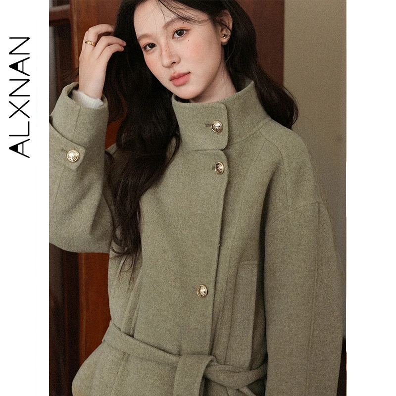 ALXNAN 그린 숏 울 코트 여성 2026 봄 신상 하이 칼라 루즈핏 우아한 따뜻한 재킷 캐주얼 오피스 레이디 탑스 L57851