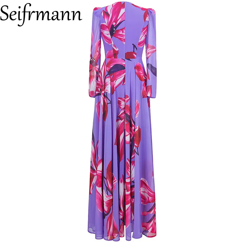 Seifrmann Damen-Elegantes Partykleid, langärmelig, V-Ausschnitt, Blumendruck, modisches Ballkleid, große Schaukel-Kleider, Frühling, Sommer, 2025, Neu