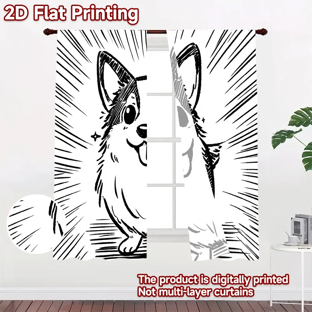 2D flat printing 2pcs Window Curtains Corgi Cute Cartoon Drawing Digital Printed Polyester Drapes Birthday Party for Photo