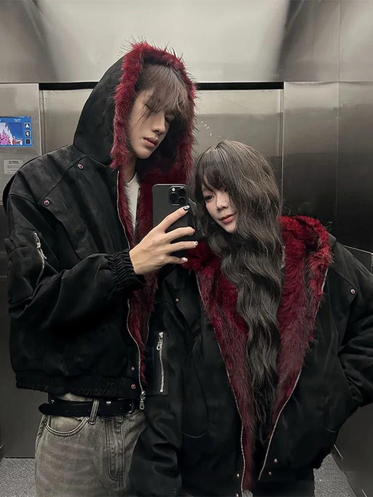 

American High Street PU Leather Hooded Cotton Jaet Men's Winter Thi Warm Loose Trendy Couple's Outerwear Coat