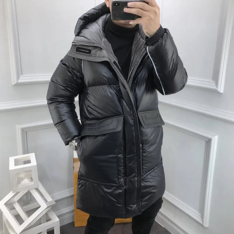 New Winter Mens Thicken Warm Medium Long Hooded Down Coat Stand Collar Zipper Fashion Casual Jacket Male High Street Overcoat