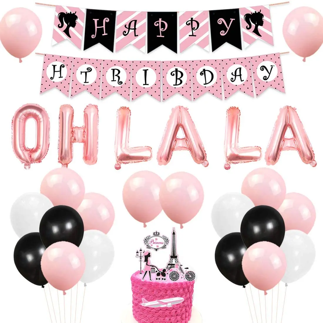 

Paris Birthday Party Decoration for Girl Rose Gold Oh La La Letter Balloons Paris Theme Happy Birthday Banner Cake Topper Kit