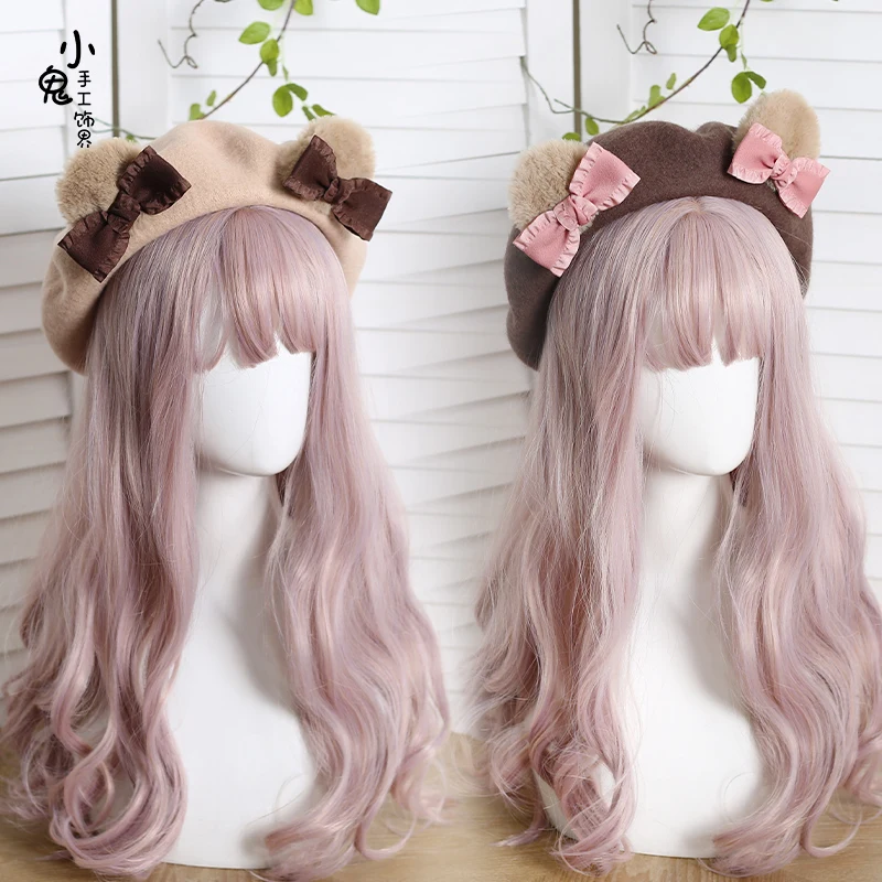 Japanese cute bear ears beret female cute girl woolen bow painter hat warm hat winter