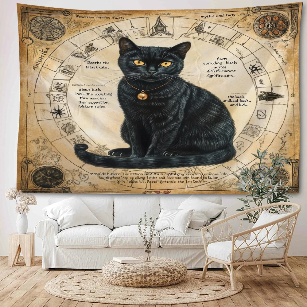 Psychedelic cute black kitten Mi, ancient Egyptian mythology cat background decoration tapestry, home decoration tapestry