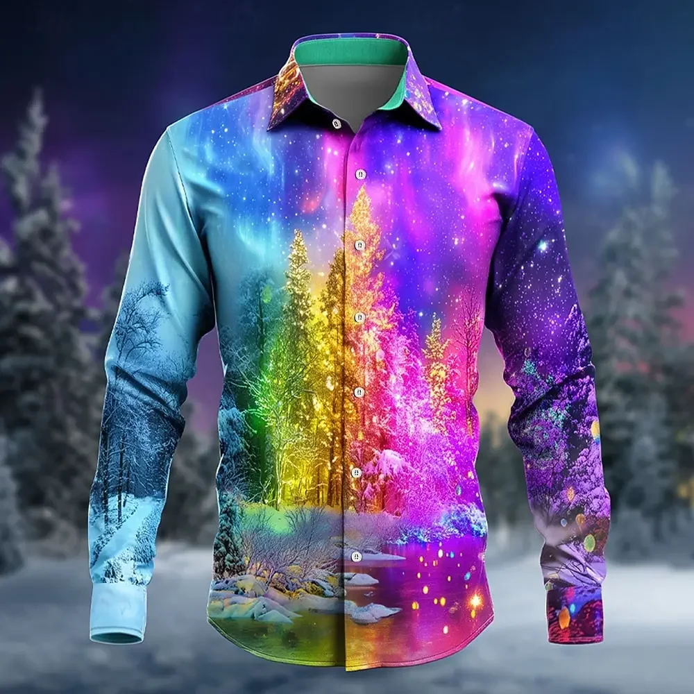 2025 New Men's Long Sleeve Shirt Christmas Tree Aurora Christmas Casaul Costume Shirt Streetwear Comfort Slim Fit Shirts Top's