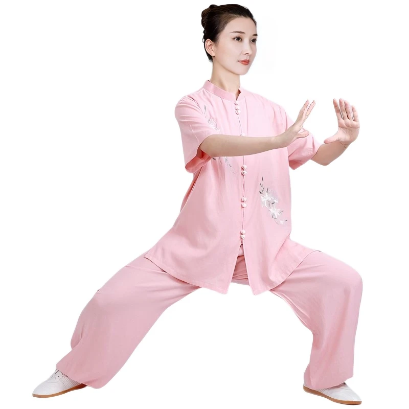 CLYFAN Floral Embroidered Tai Chi Suit Women Traditional Kung Fu Clothing Soft Linen Martial Arts Uniform for Practice