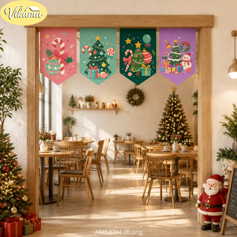 VIKAMA Christmas Dark Green Snowman Pennant Flag Set Candy Cane Present Pine Star Doorway Hanging Kitchen Dining Entryway Party