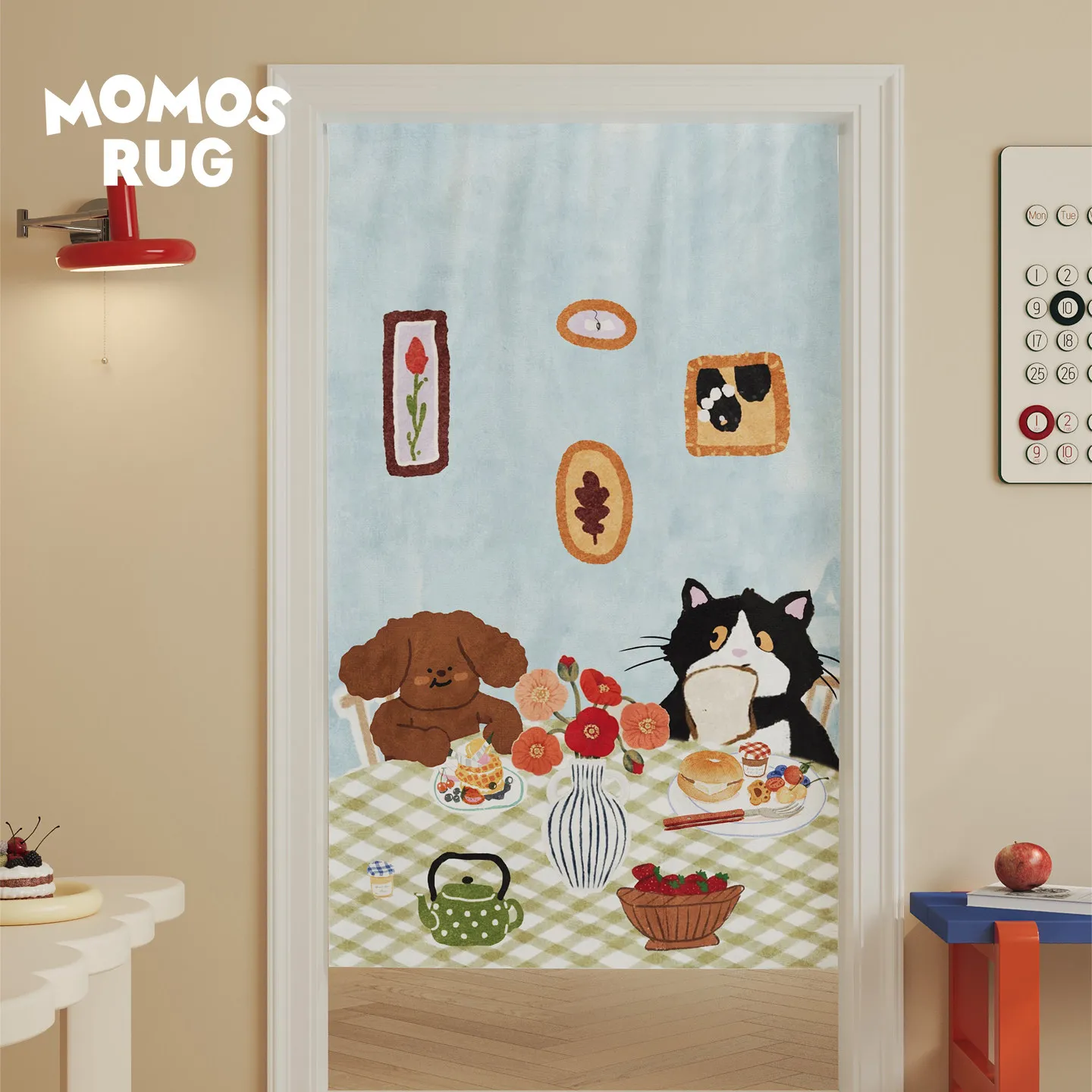 VIKAMA Dog And Cat Tea Party Noren Door Curtain Cartoon Print Hanging Curtain Dining Room Door Partition Warm Home Decor