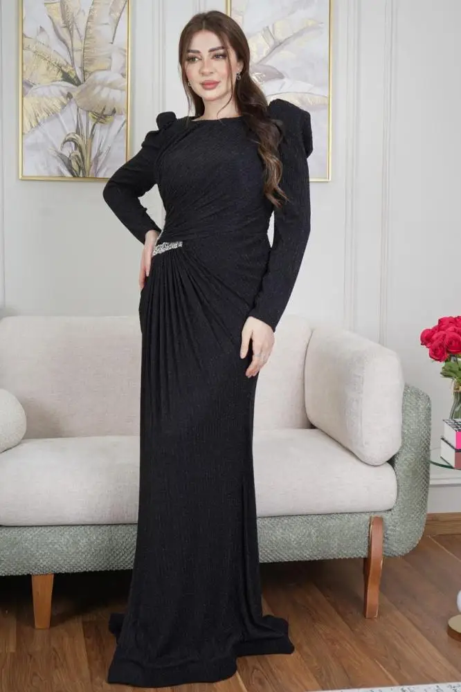 Jirocum Luxury Puffy Sleeve Black Evening Dresses Round Neck Crystal Embellished Dress for Formal Gala Party Prom Dresses