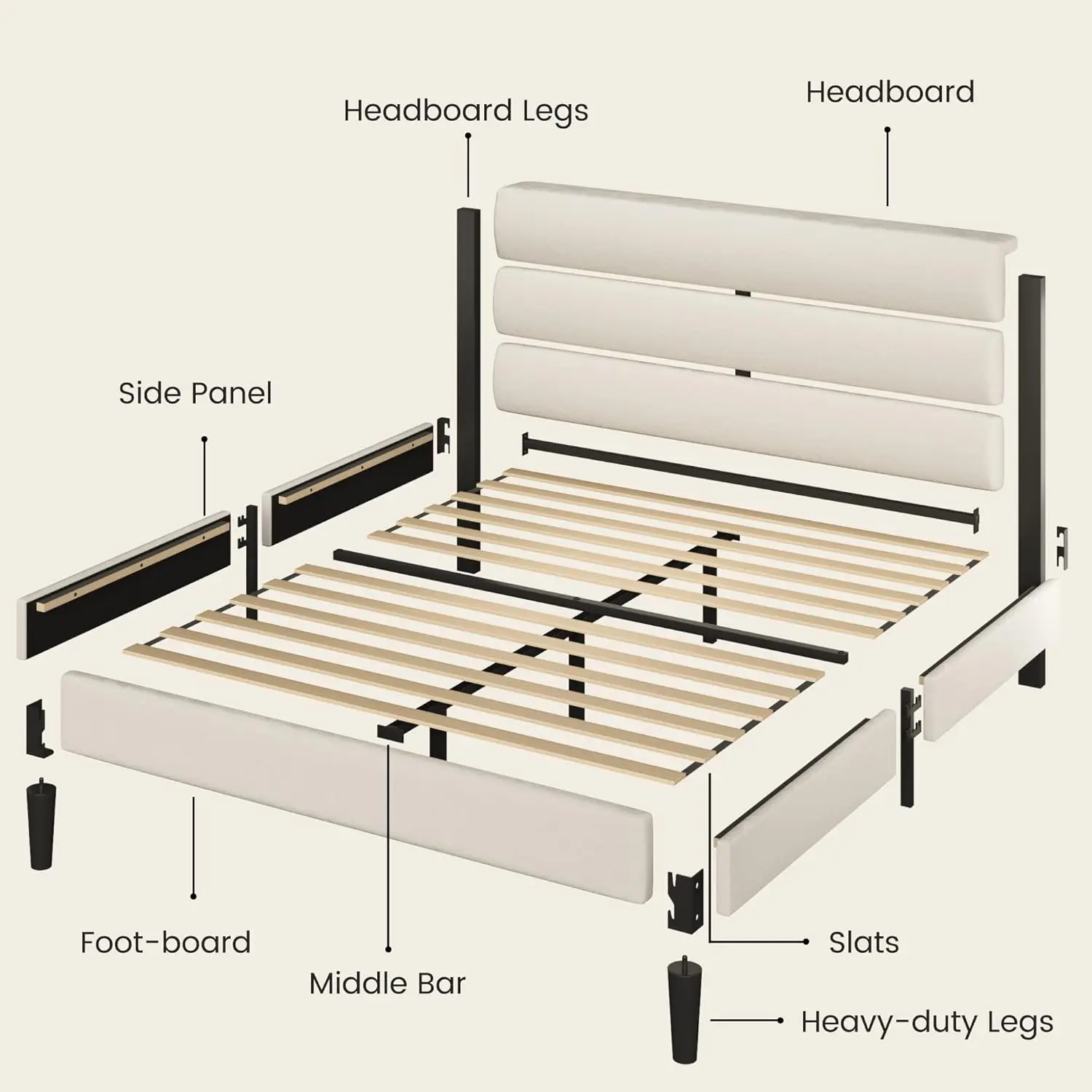 Queen Platform Bed Frame with Velvet Upholstered Headboard, No Box Spring Needed, Noise-Free Metal Support, Beige - view 6