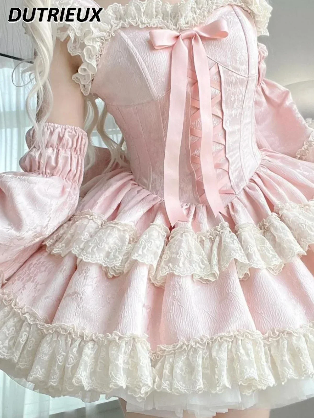 Lolita Sweet Princess High Waist Lace Y2k Dress Summer Pink Cute Girly Ruffle Edge Party Puff Short Dresses and Sleeves