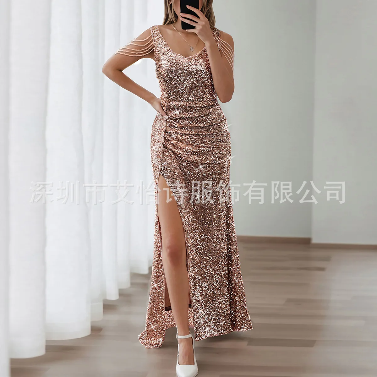 Handmade Beads New Banquet Temperament Split-ended Long Sequined Aura Queen Dinner Dress for Women