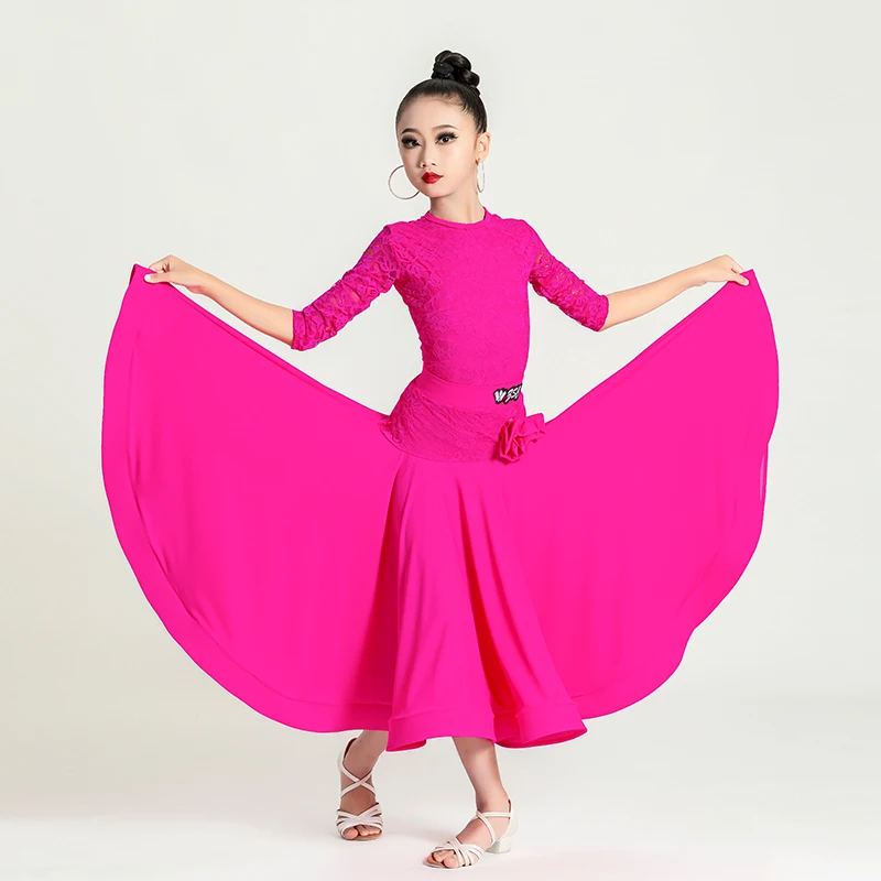 New National Standard Ballroom Dance Costume Girls Rose Red Latin Dance Dress Kids Party Performance Dancing Dresses SL9238