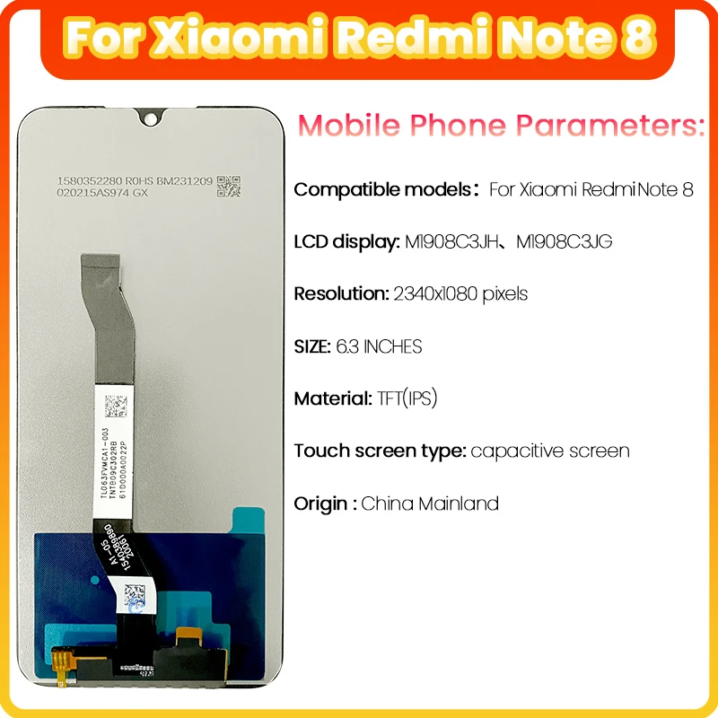 6.3 inch for LCD Xiaomi Redmi Note 8 M1908C3JH M1908C3JG  For Touch Screen Digitizer  LCD with frame