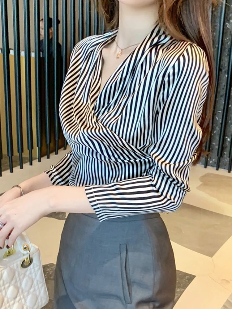 المرأة المهنية OL موضة أنيقة بلوزة الإناث الساتان كم طويل بلايز السيدات الأعمال قمصان العمل الملابس Mujer الربيع