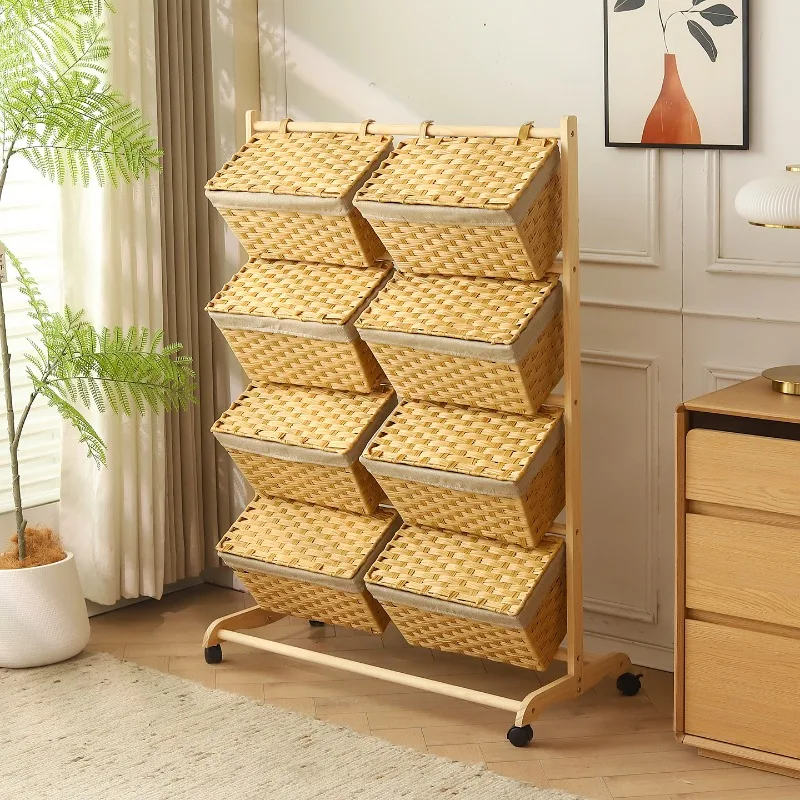 Multi-layer shelves,  imitation rattan braided with cover wheel, floor-to-ceiling sundries, toy storage racks