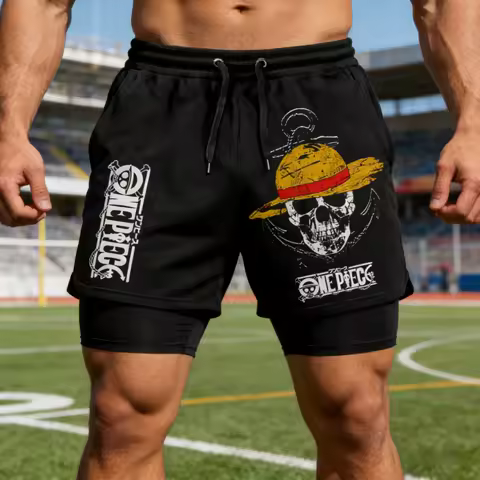 2026 Summer Japanese Anime ONE PIECE Men's 2 in 1 Shorts Graphics Man Gym Double Deck Shorts Harajuku Athletic Y2k Breathable