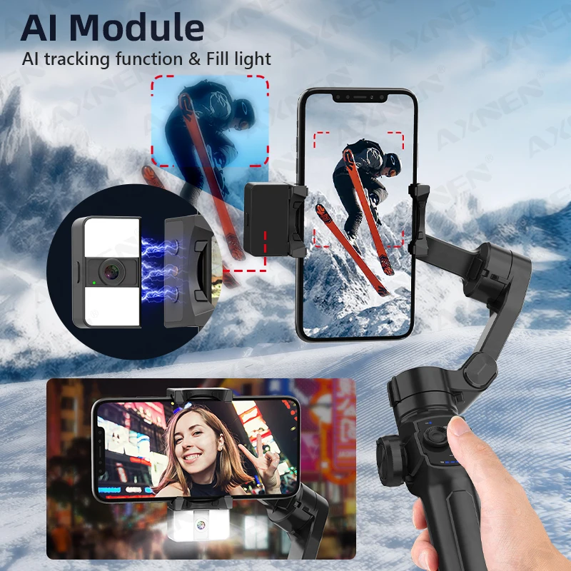 HQ4 3-Axis Handheld Selfie Stick Gimbal Mobile Phone Stabilizer with AI Tracking Module Built in Extension Rod Zoom Wheel Design