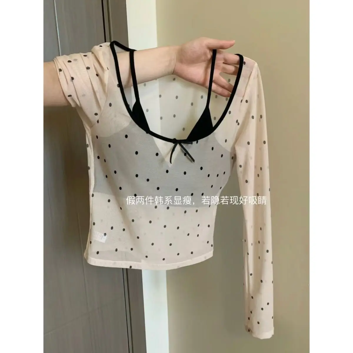 KUSAHIKI French Polka Dot Bow Off Shoulder Slightly Transparent Long Sleeved T-shirt for Women Spring Spicy Girl Slim Bottom Top