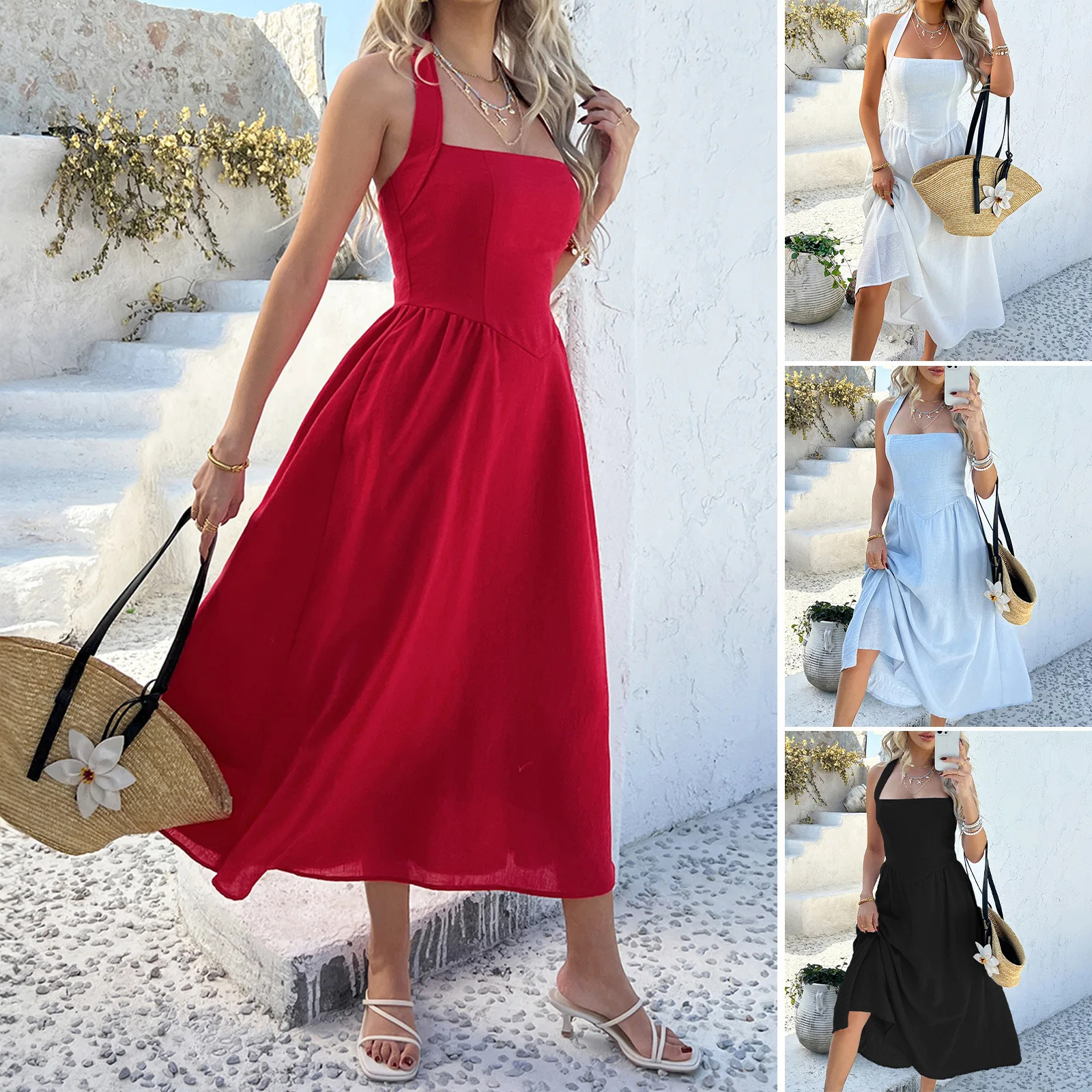 

Spring And Summer Temperament And Elegant Casual Vacation Style Solid Color High-Waist Sleeveless Evening Dress Halter Dance